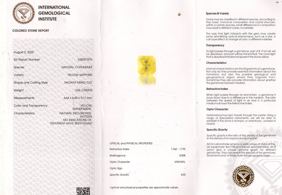 Natural Yellow Sapphire 2.06 Carats / 2.26 Ratti