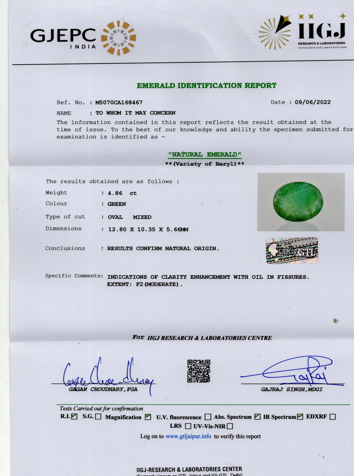Zambian Emerald (Panna) 4.86 Carats / 5.34 Ratti