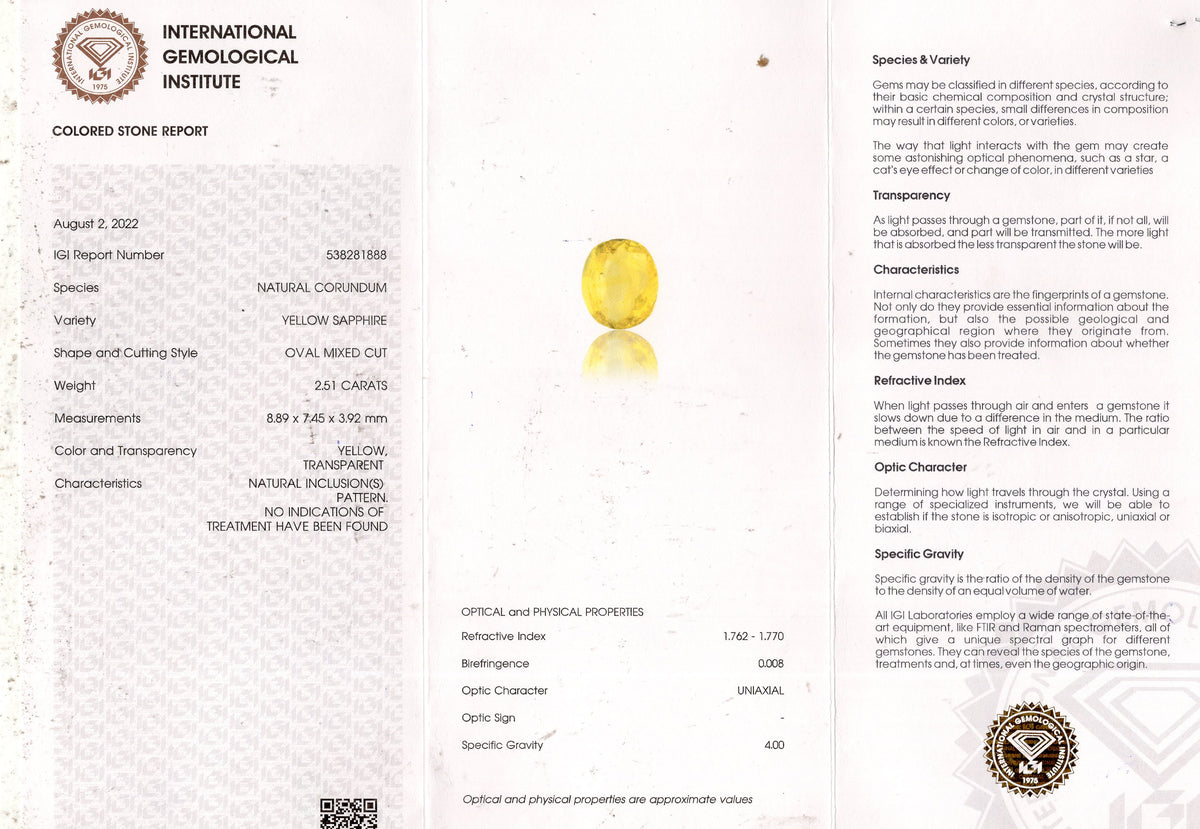 Natural Yellow Sapphire 2.51 Carats / 2.76 Ratti
