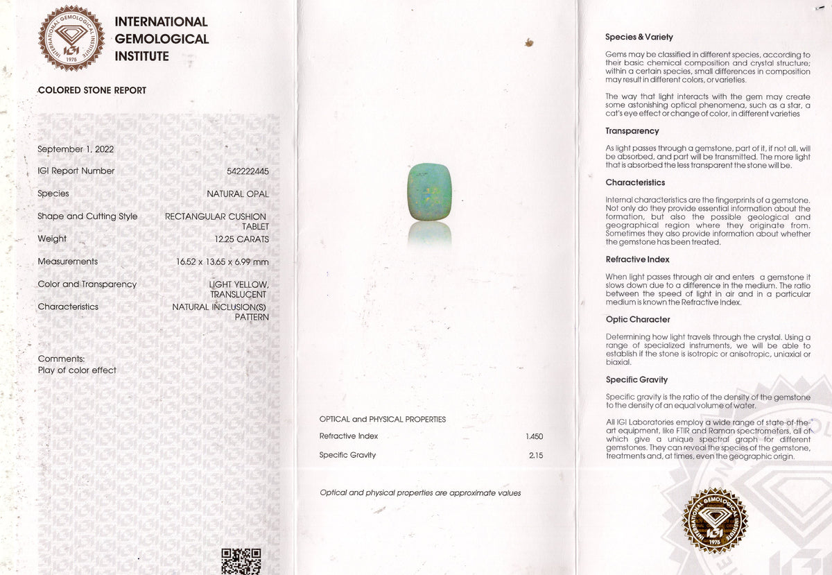 White Opal With Fire 12.25 Carats / 13.46 Ratti