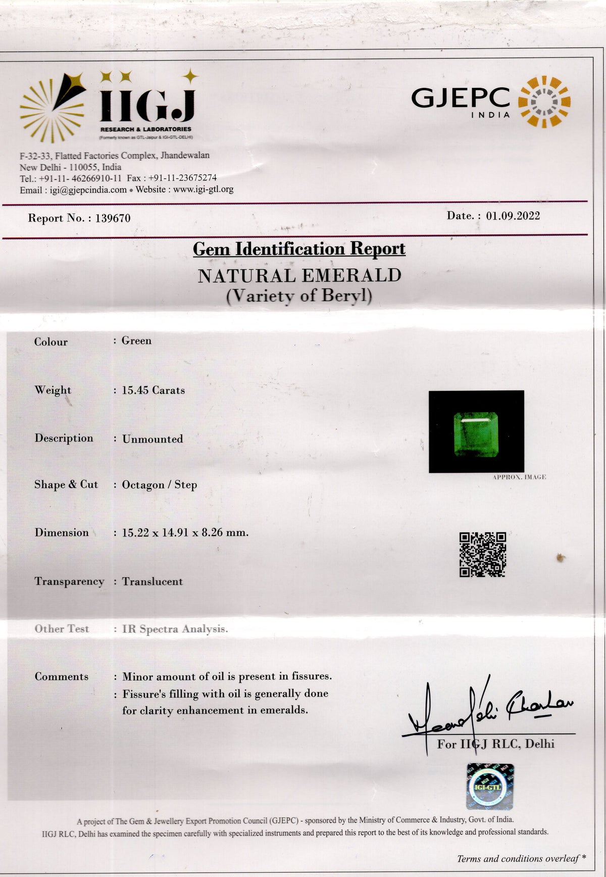 Minor Oil Zambian Emerald 15.45 Carats / 16.98 Ratti