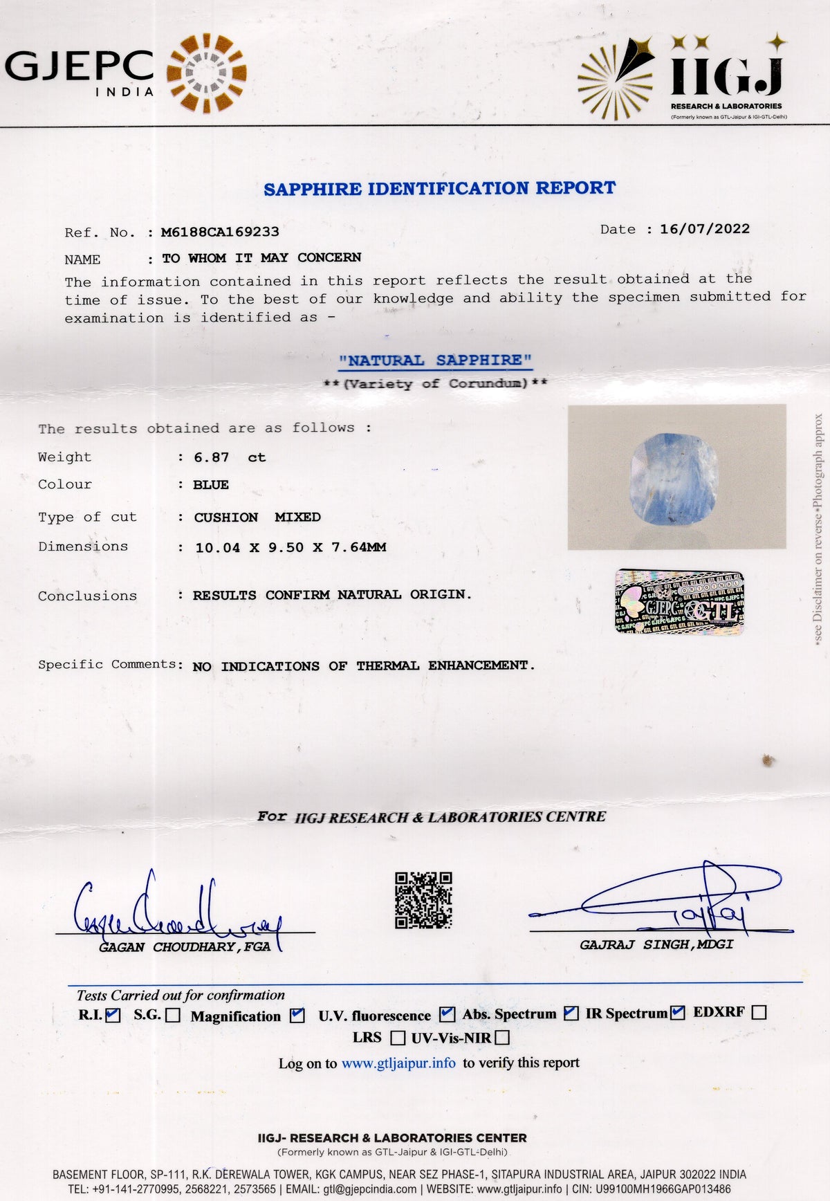 Natural Blue Sapphire 6.87 Carats / 7.55 Ratti