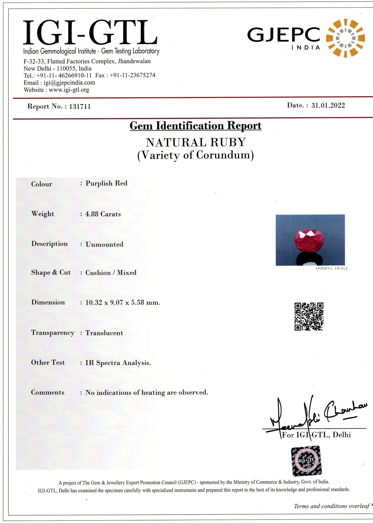 Burmese Ruby (Manik) 4.88 Carats / 5.36 Ratti