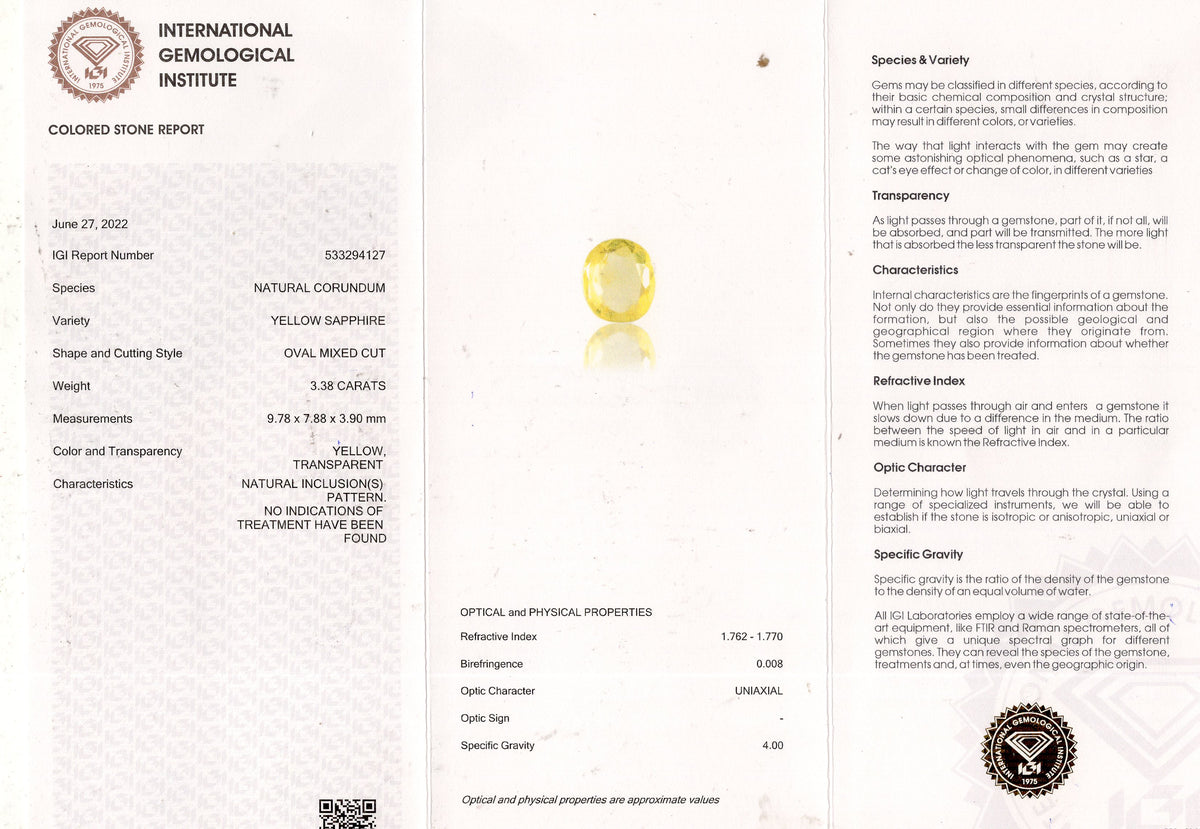 Natural Yellow Sapphire 3.38 Carats / 3.71 Ratti