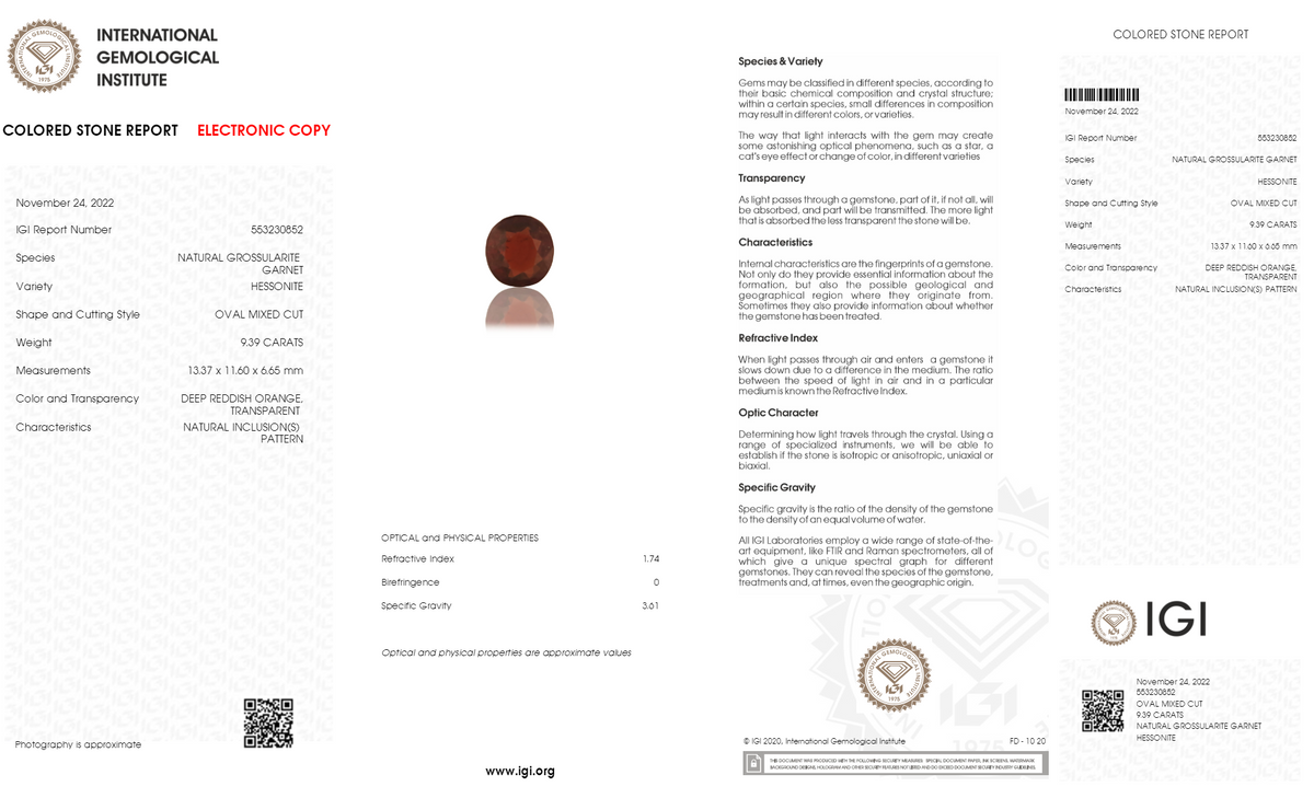 Sri-Lankan Hessonite (Gomed) 9.39 Carats / 10.32 Ratti