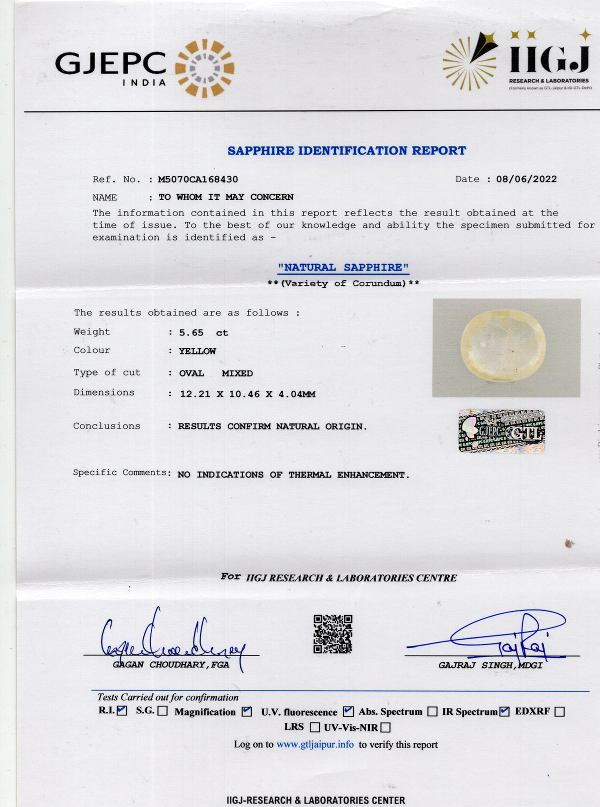 Natural Yellow Sapphire 5.65 Carats / 6.21 Ratti