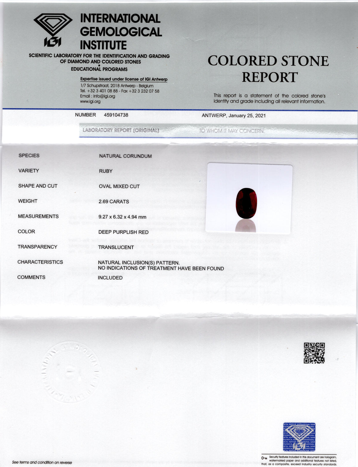 Mozambique Ruby (Manik) 2.69 Carats / 2.96 Ratti