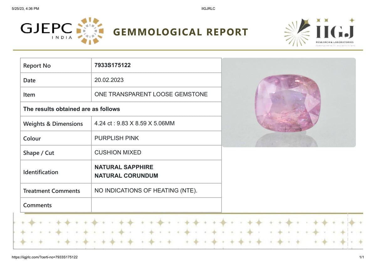 Natural Pink Sapphire 4.24 Carats / 4.66 Ratti