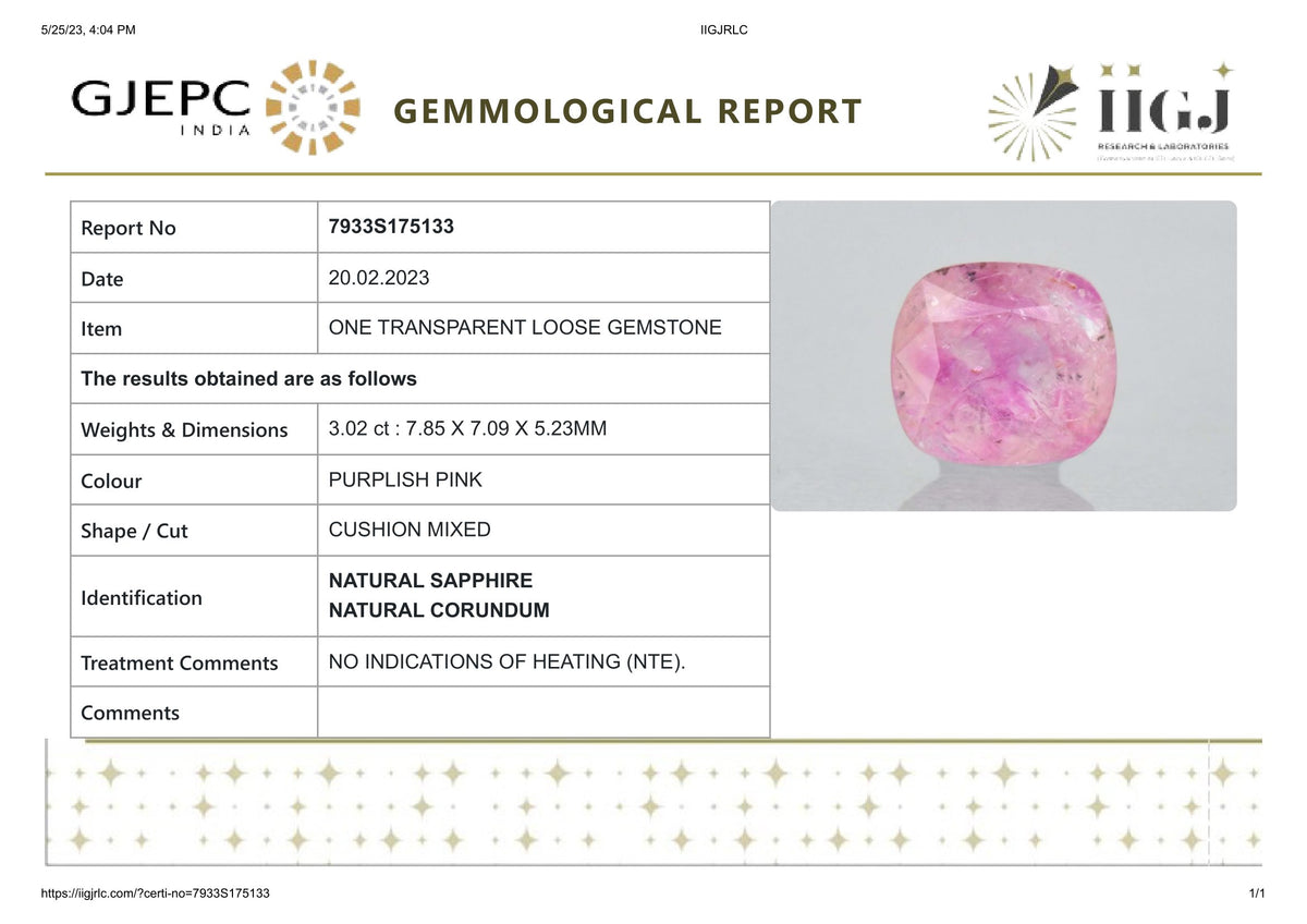 Natural Pink Sapphire 3.02 Carats / 3.32 Ratti