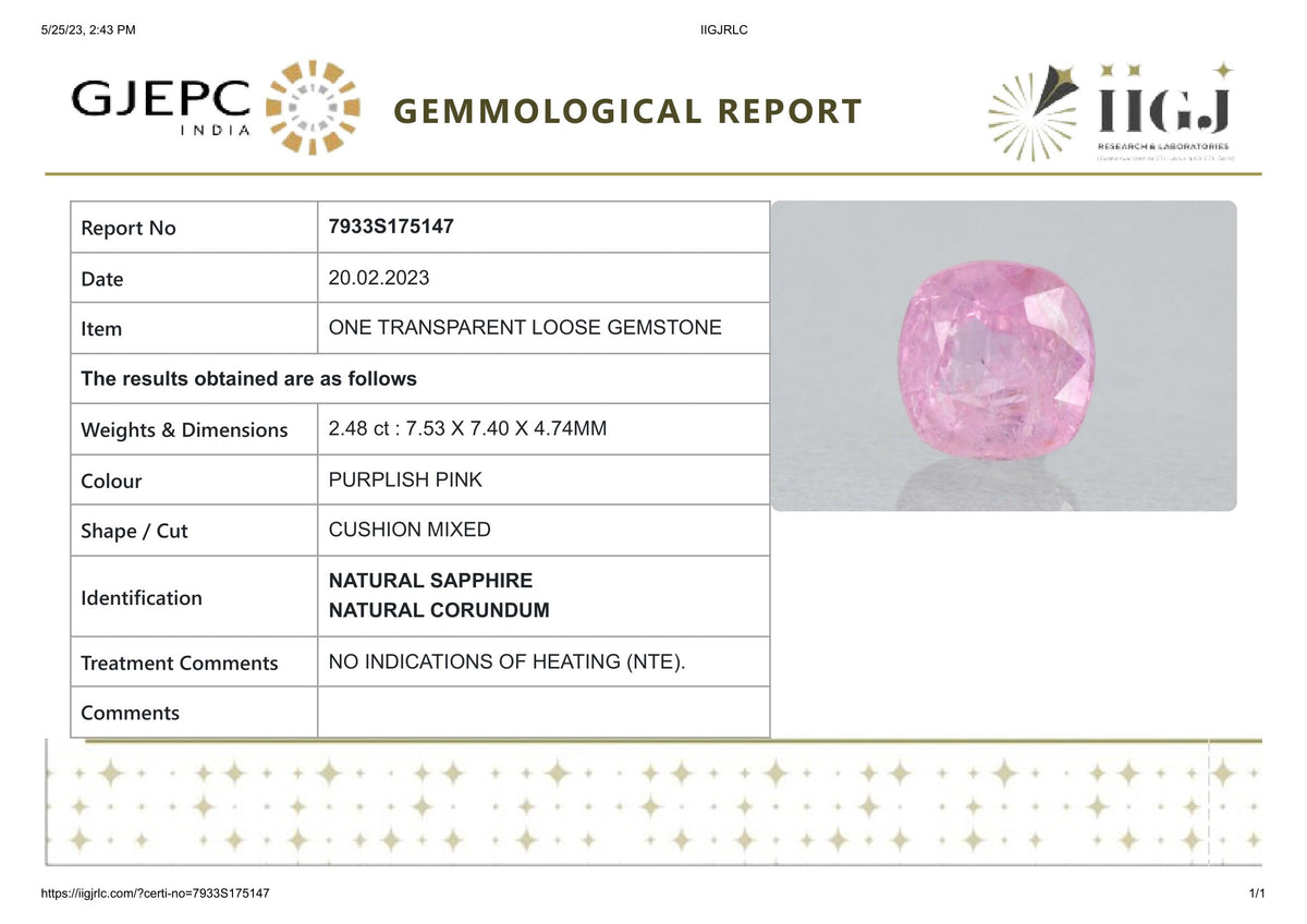 Natural Pink Sapphire 2.48 Carats / 2.48 Ratti