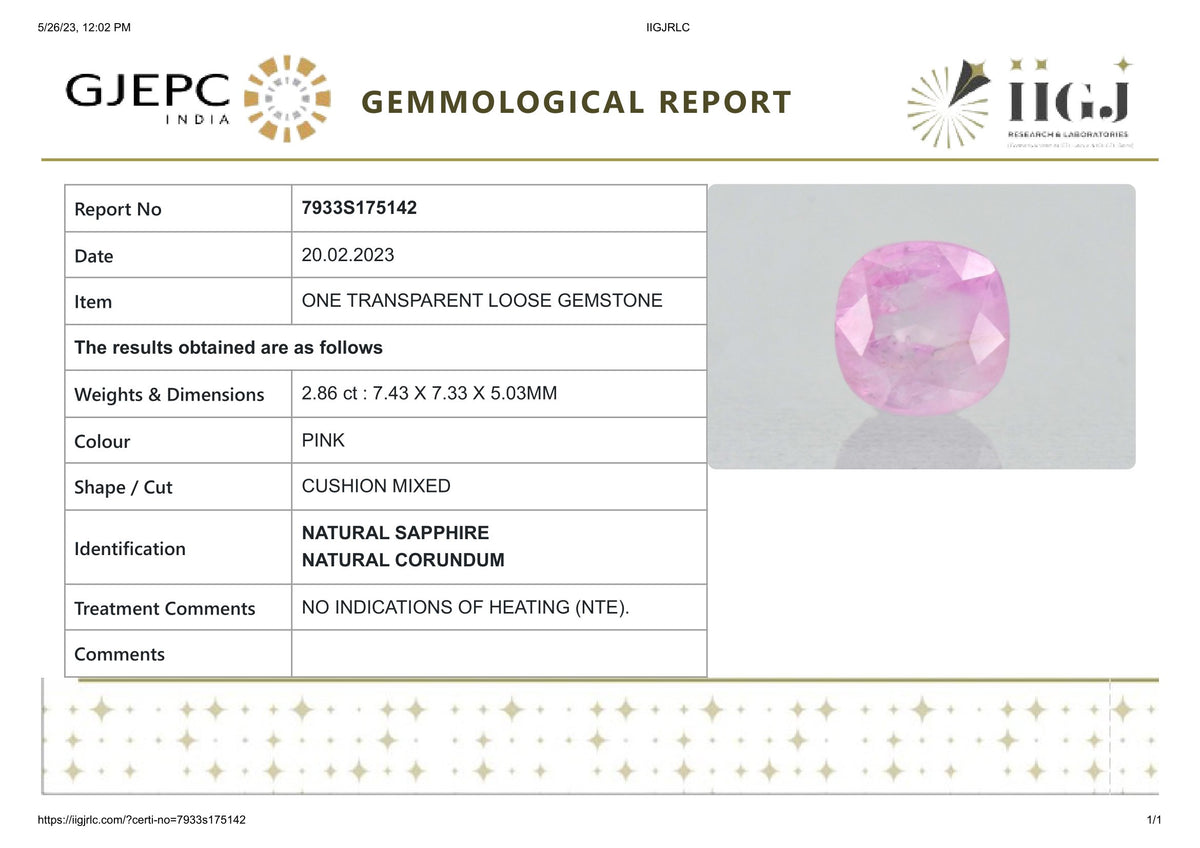 Natural Pink Sapphire 2.86 Carats / 3.14 Ratti