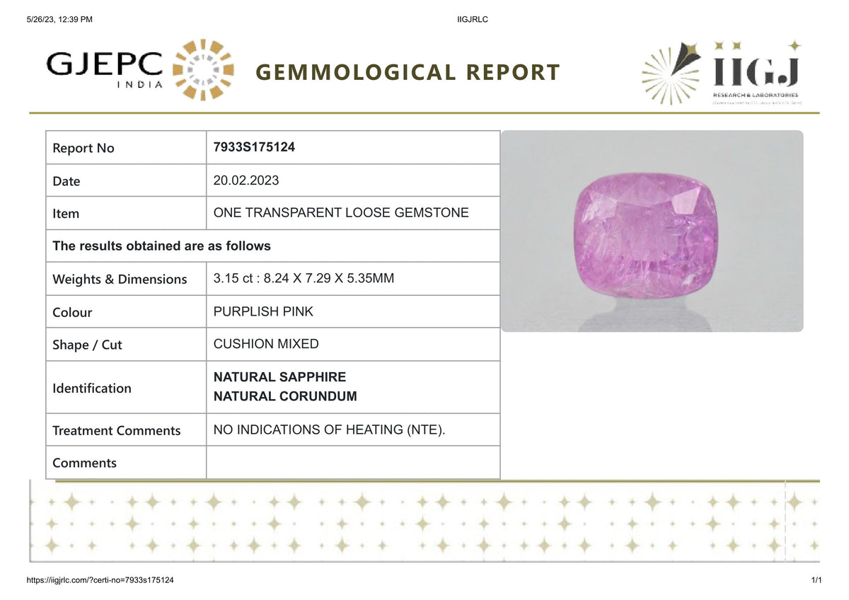 Natural Pink Sapphire 3.15 Carats / 3.46 Ratti
