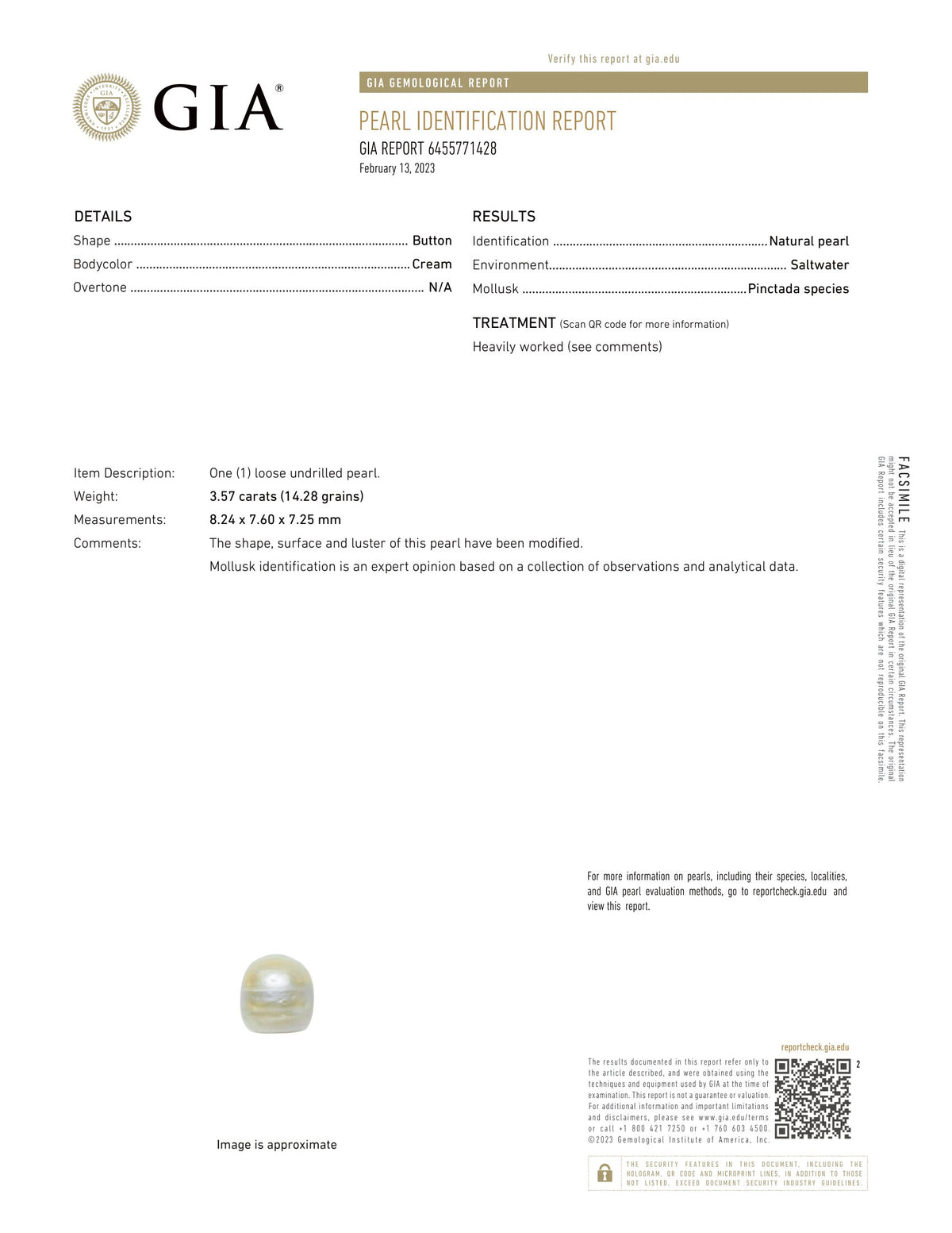 Basra Pearl 3.57 Carats / 3.92 Ratti