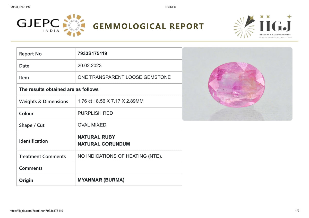 Burmese Ruby (Manik) 1.76 Carats / 1.93 Ratti