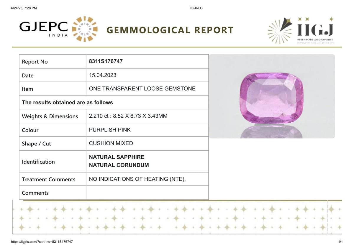 Natural Pink Sapphire 2.21 Carats / 2.43 Ratti