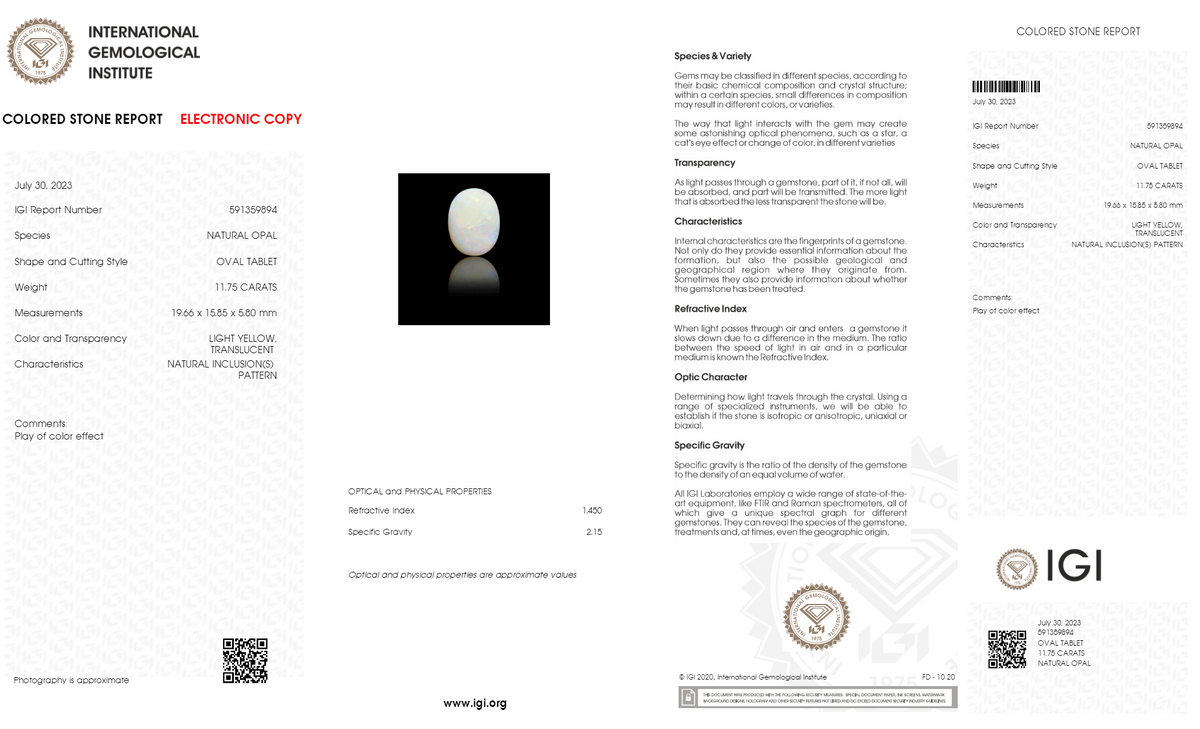 White Opal With Fire 11.75 Carats / 12.91 Ratti