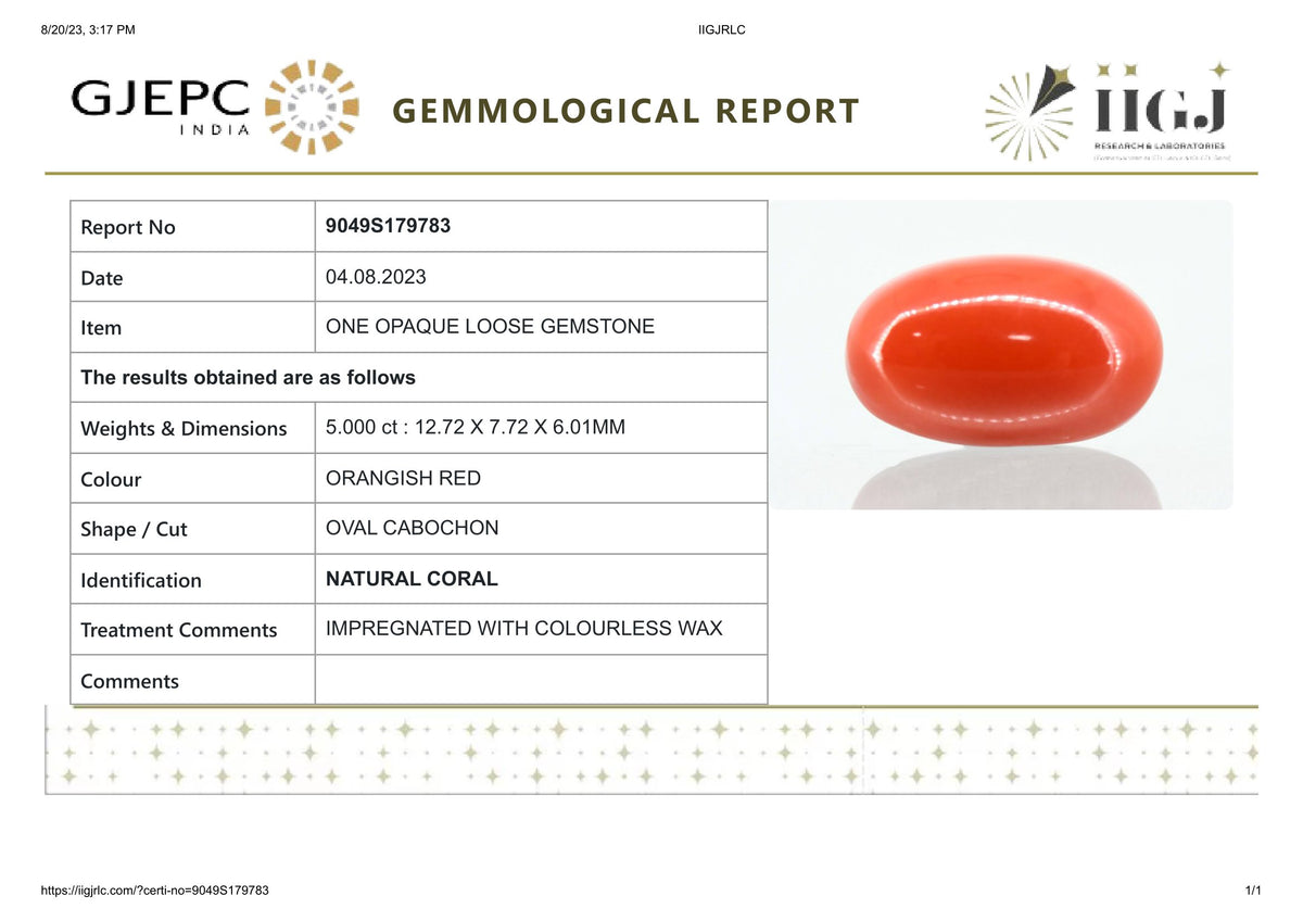 Japanese Red Coral (Moonga) 5.00 Carats / 5.49 Ratti