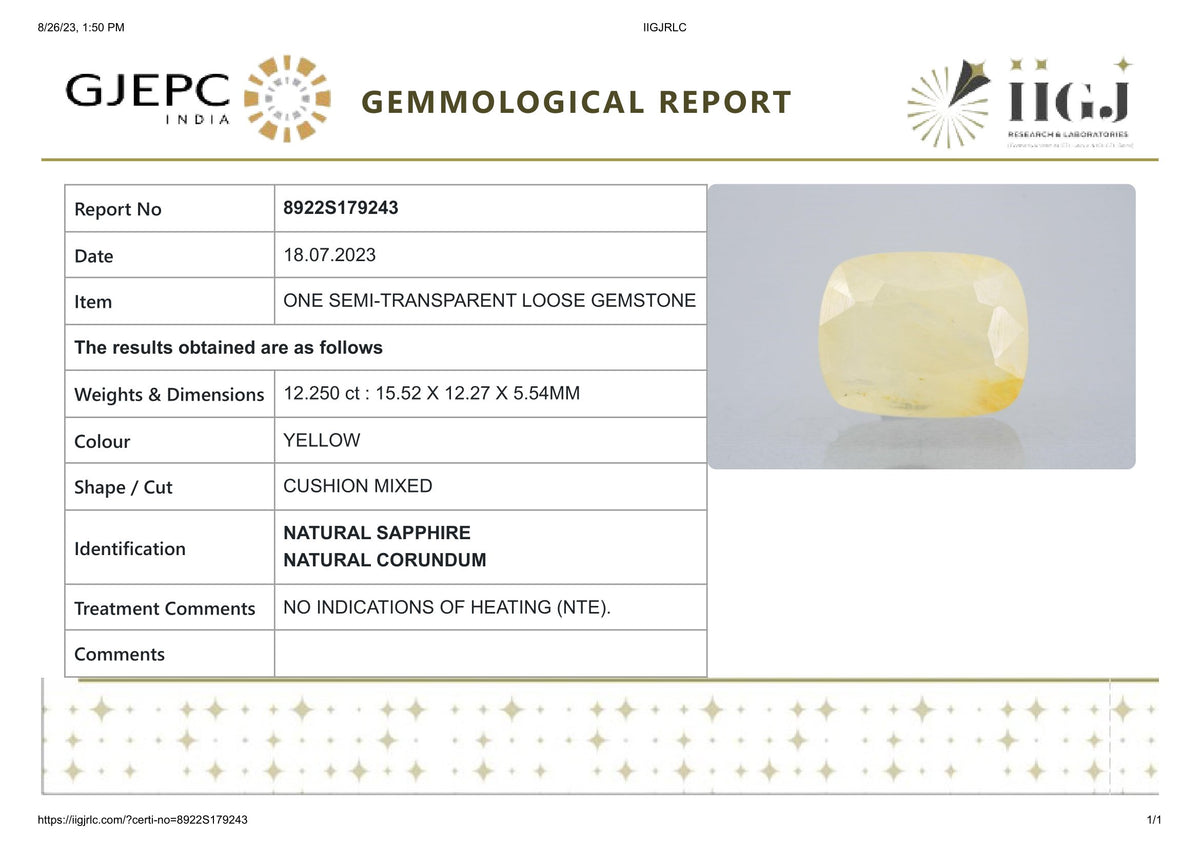 Natural Yellow Sapphire 12.25 Carats / 13.46 Ratti