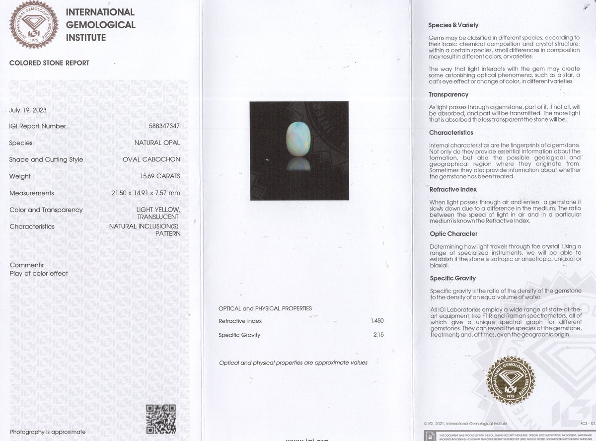 White Opal With Fire 15.69 Carats / 17.24 Ratti