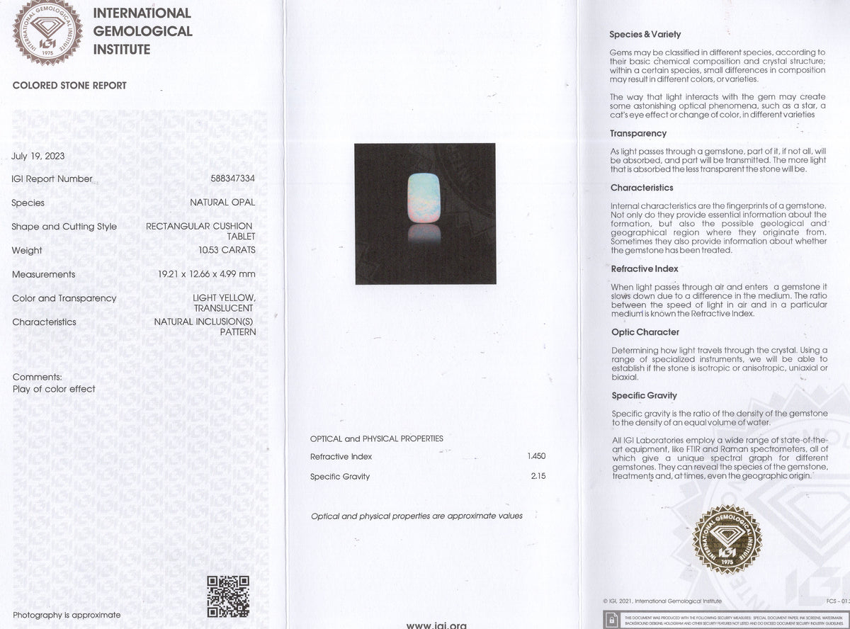 White Opal With Fire 10.53 Carats / 11.57 Ratti