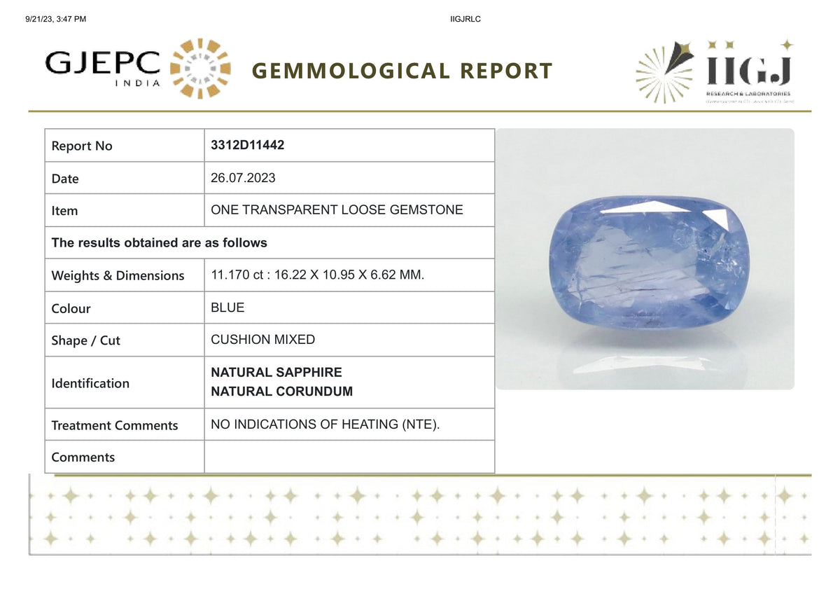 Natural Blue Sapphire 11.17 Carats / 12.27 Ratti