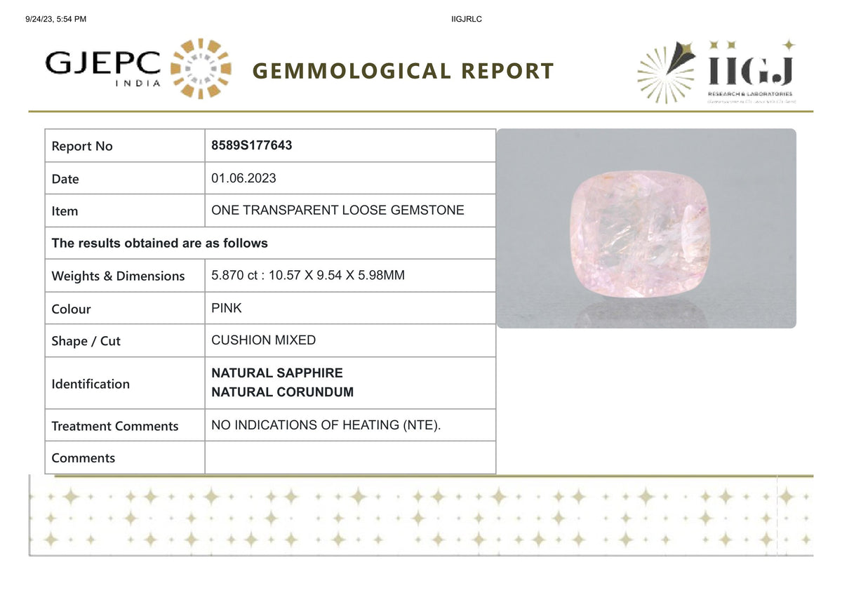 Natural Pink Sapphire 5.87 Carats / 6.45 Ratti