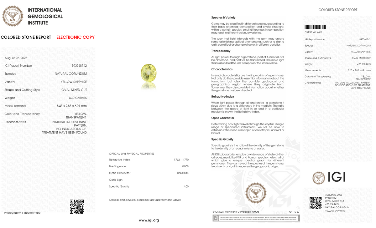 Natural Yellow Sapphire 4.30 Carats / 4.73 Ratti