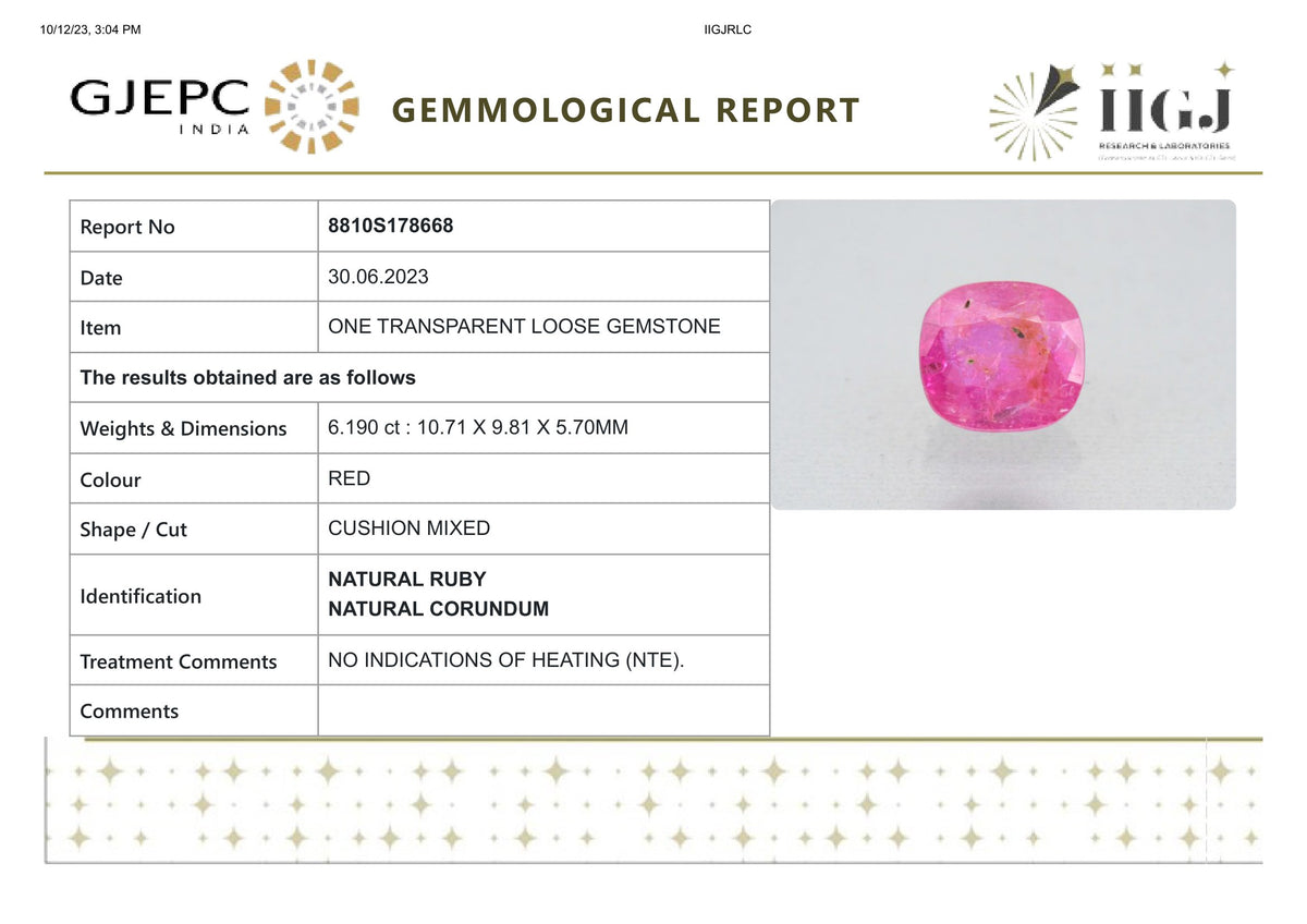 Burmese Ruby (Manik) 6.19 Carats / 6.8 Ratti