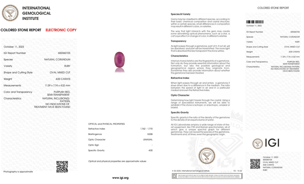 Burmese Ruby (Manik) 4.00 Carats / 4.4 Ratti