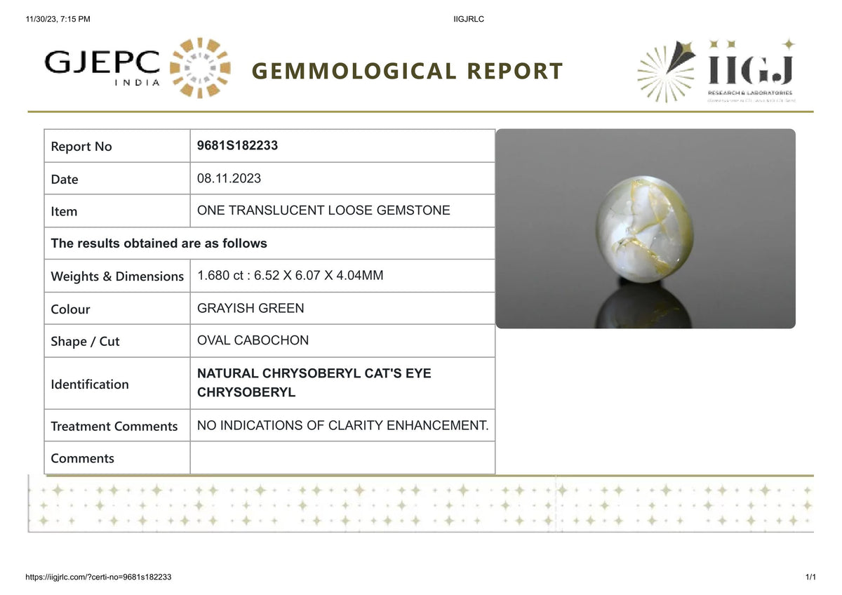 Cat's Eye (Lehsuniya) 1.68 Carats / 1.85 Ratti