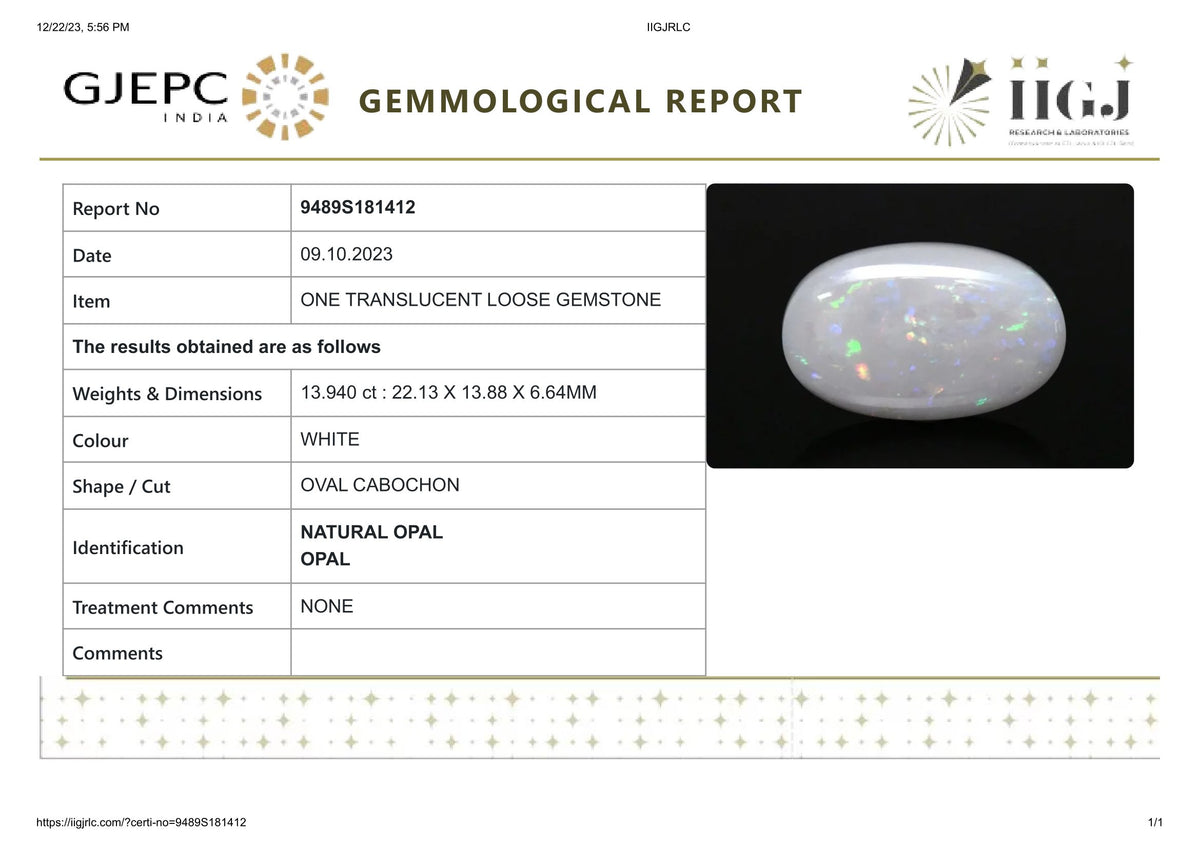 White Opal With Fire 13.94 Carat / 15.32 Ratti
