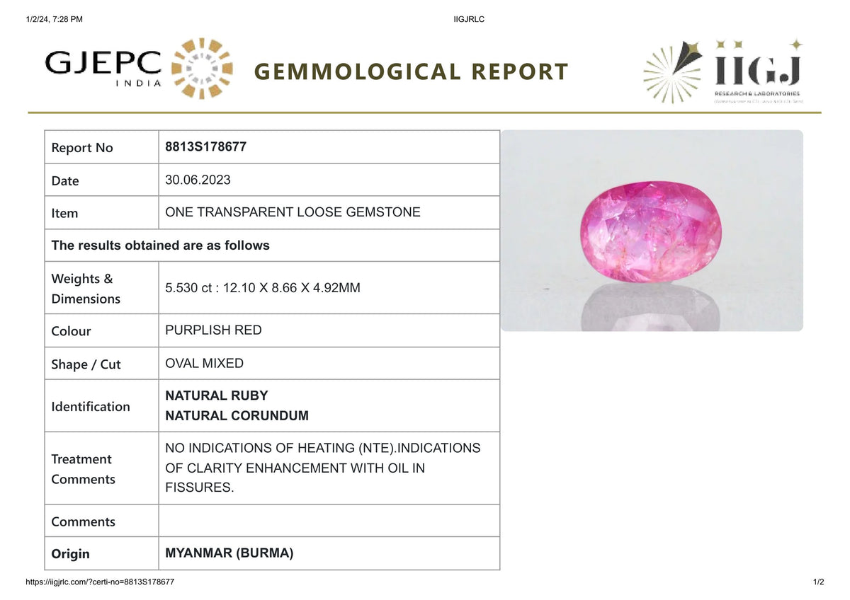 Burmese Ruby (Manik) 5.53 Carats / 6.08 Ratti
