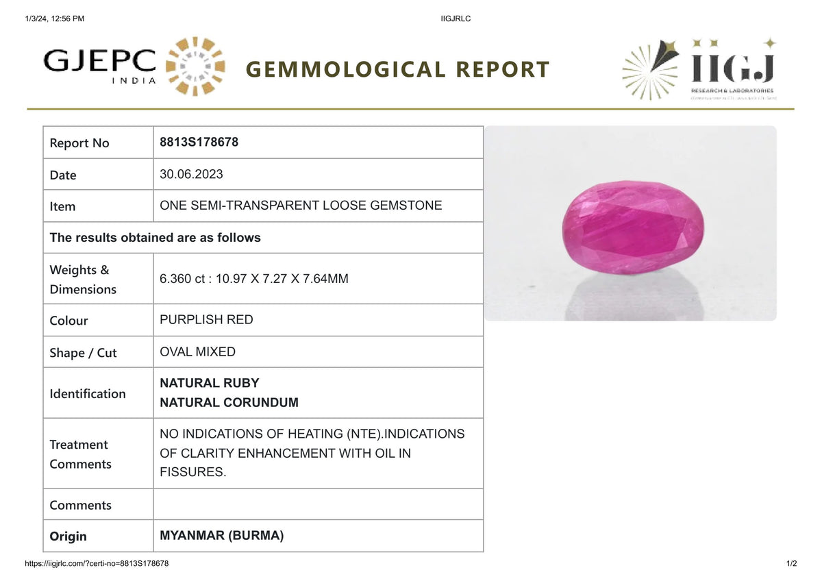 Burmese Ruby (Manik) 6.36 Carats / 6.99 Ratti