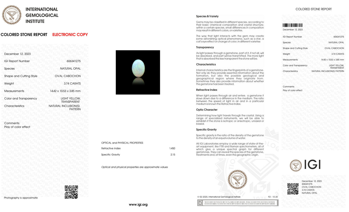 White Opal With Fire 3.74 Carats / 4.11 Ratti