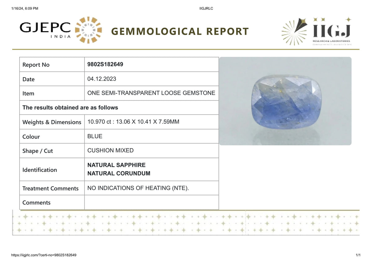 Natural Blue Sapphire 10.97 Carats / 12.05 Ratti