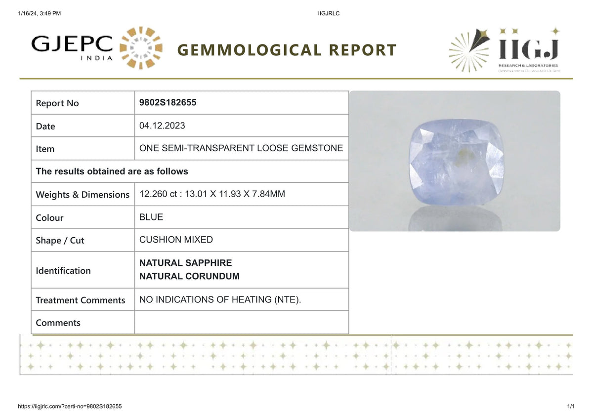 Natural Blue Sapphire 12.26 Carats / 13.47 Ratti