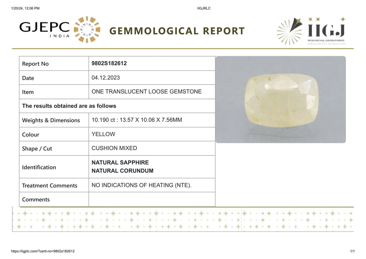 Natural Yellow Sapphire 10.19 Carats / 11.2 Ratti