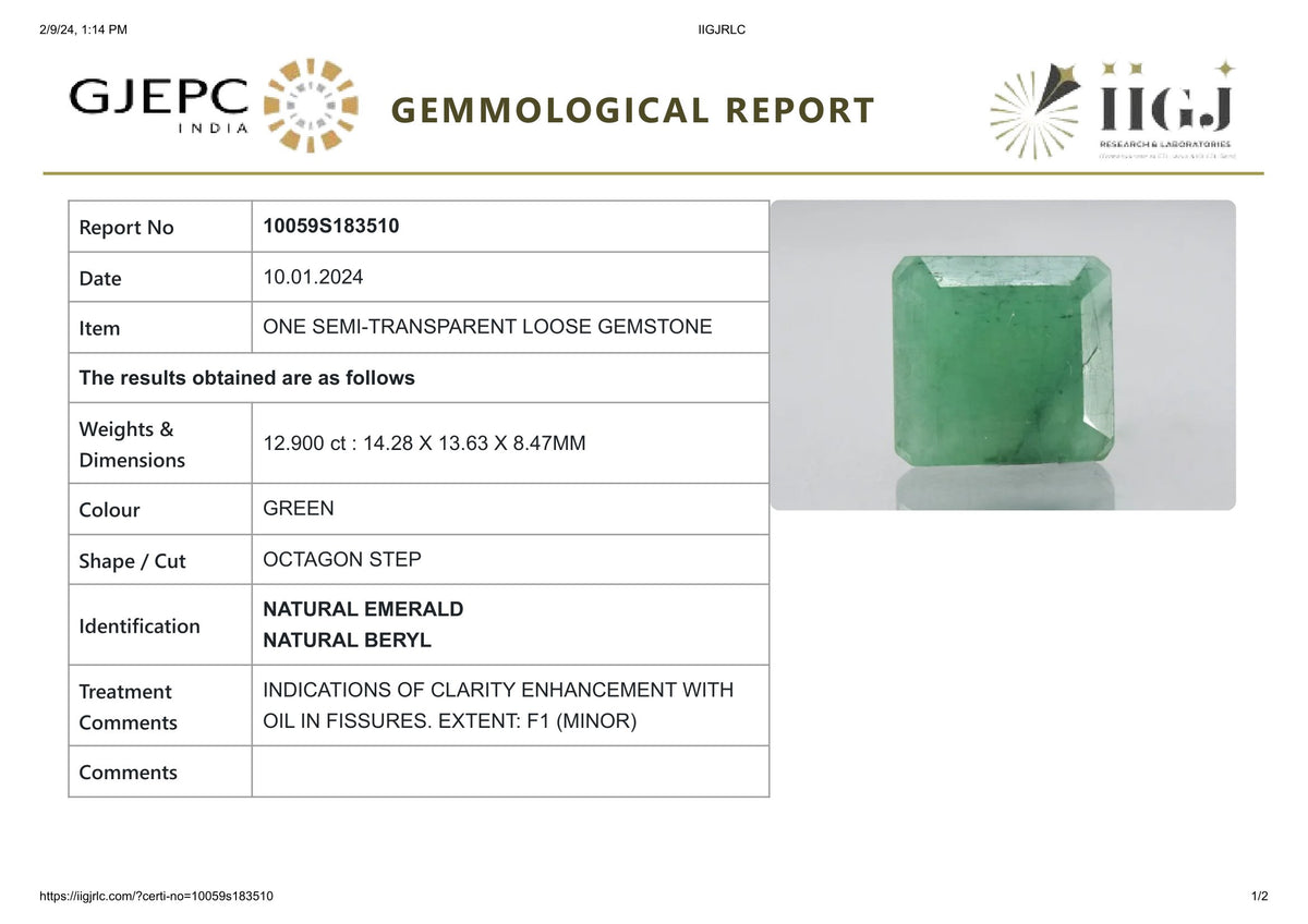 Minor Oil Natural Zambian Emerald (Panna) 12.90 Carats / 14.18 Ratti