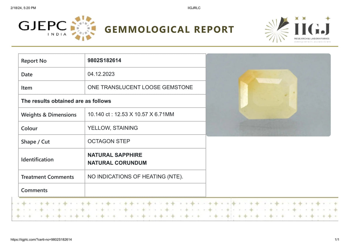 Natural Yellow Sapphire 10.14 Carats / 11.14 Ratti