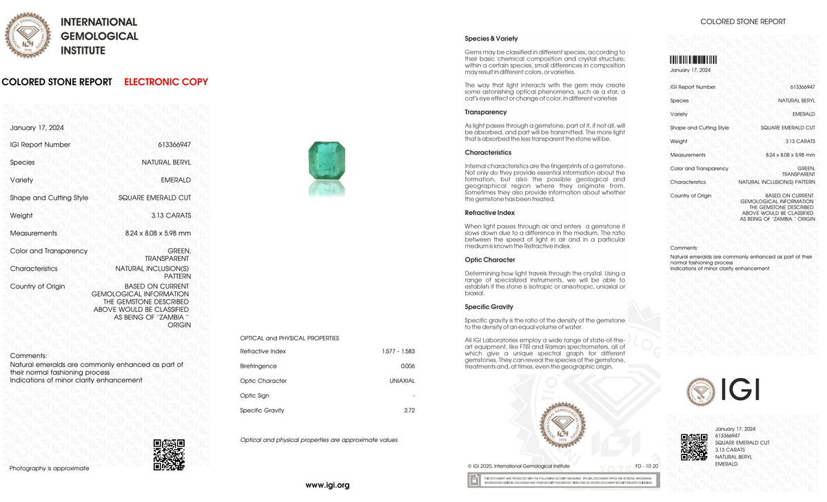 Zambian Emerald (Panna) 3.13 Carats / 3.44 Ratti