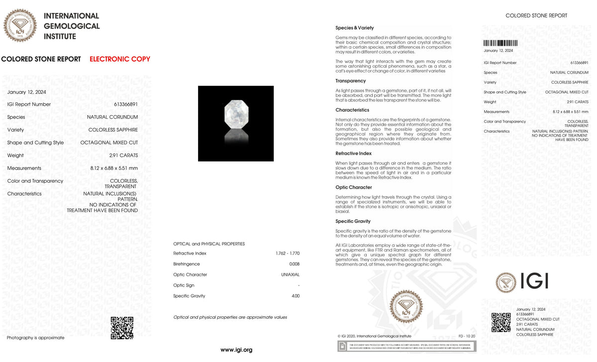 Natural White Sapphire 2.91 Carats / 3.2 Ratti