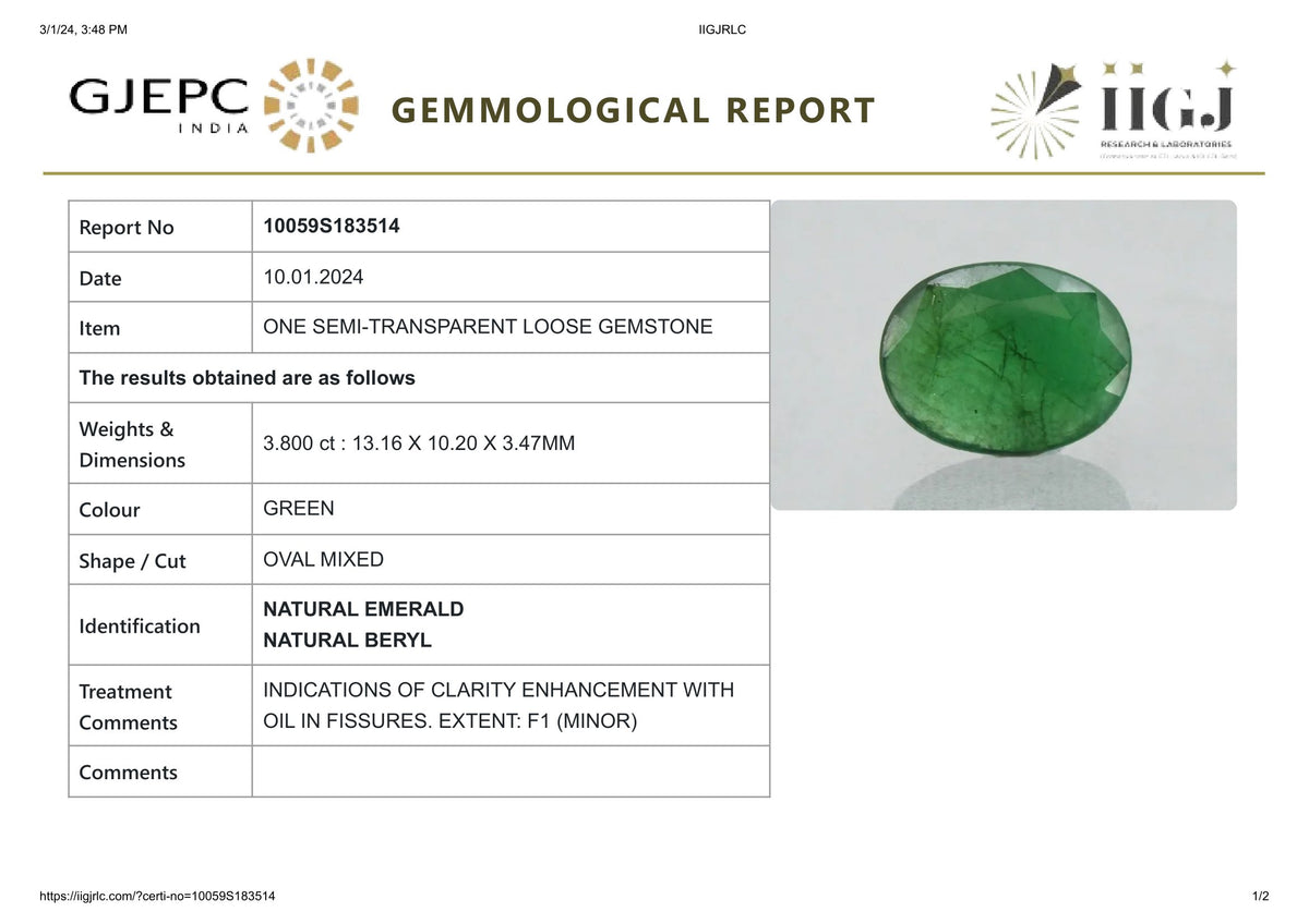 Minor Oil Zambian Emerald 3.80 Carats / 4.18 Ratti