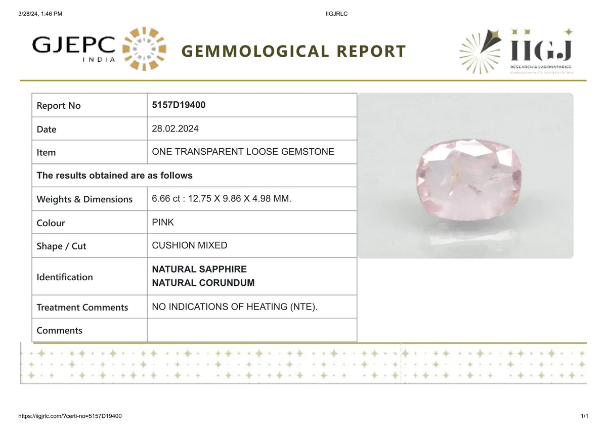 Natural Pink Sapphire 6.66 Carats / 7.32 Ratti