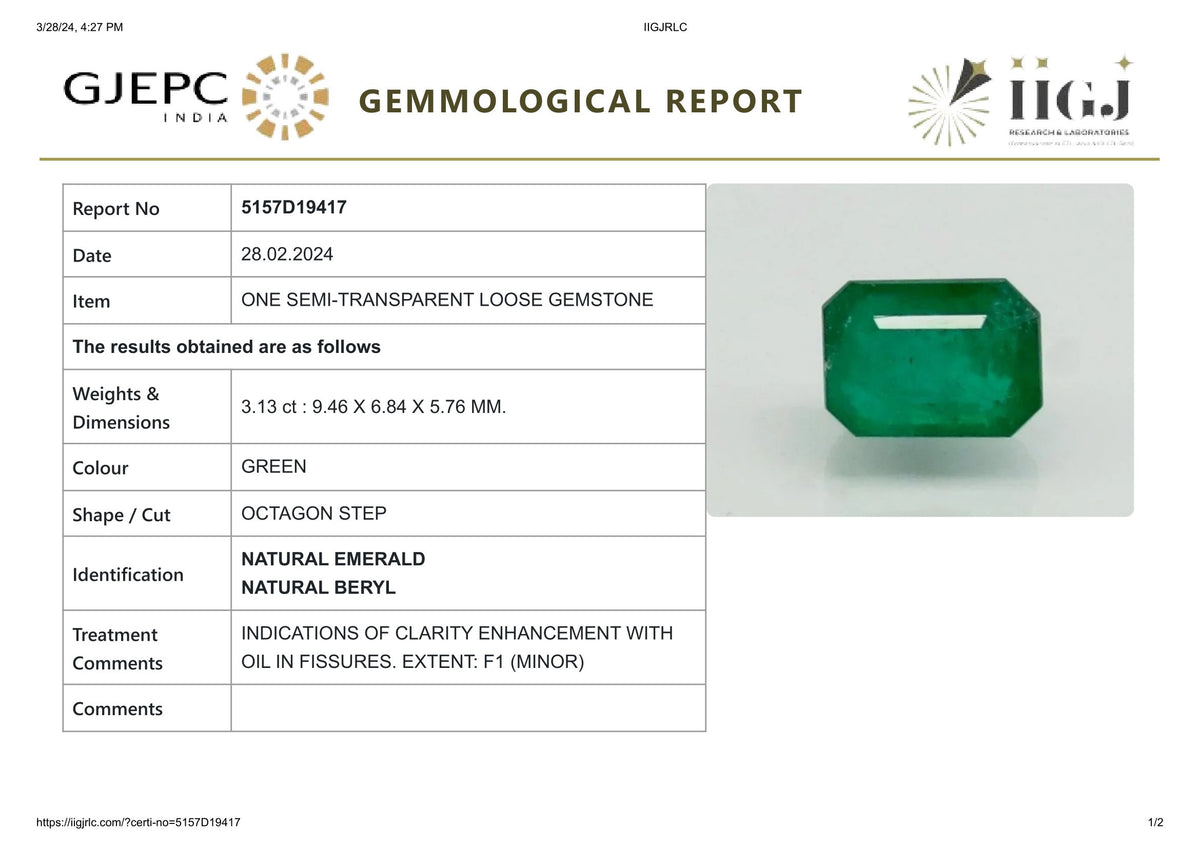 Minor Oil Zambian Emerald 3.13 Carat / 3.44 Ratti