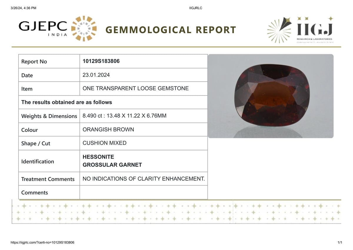Sri-Lankan Hessonite (Gomed) 8.49 Carats / 9.33 Ratti