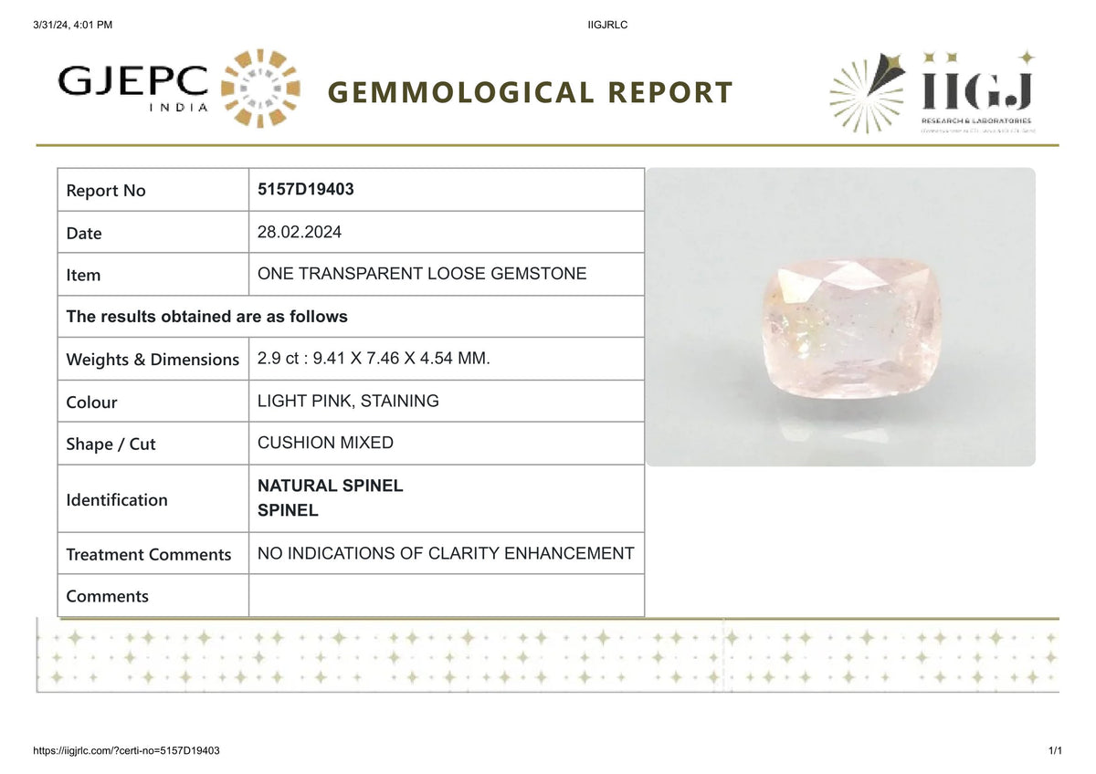 Natural Spinel 2.90 Carats / 3.19 Ratti