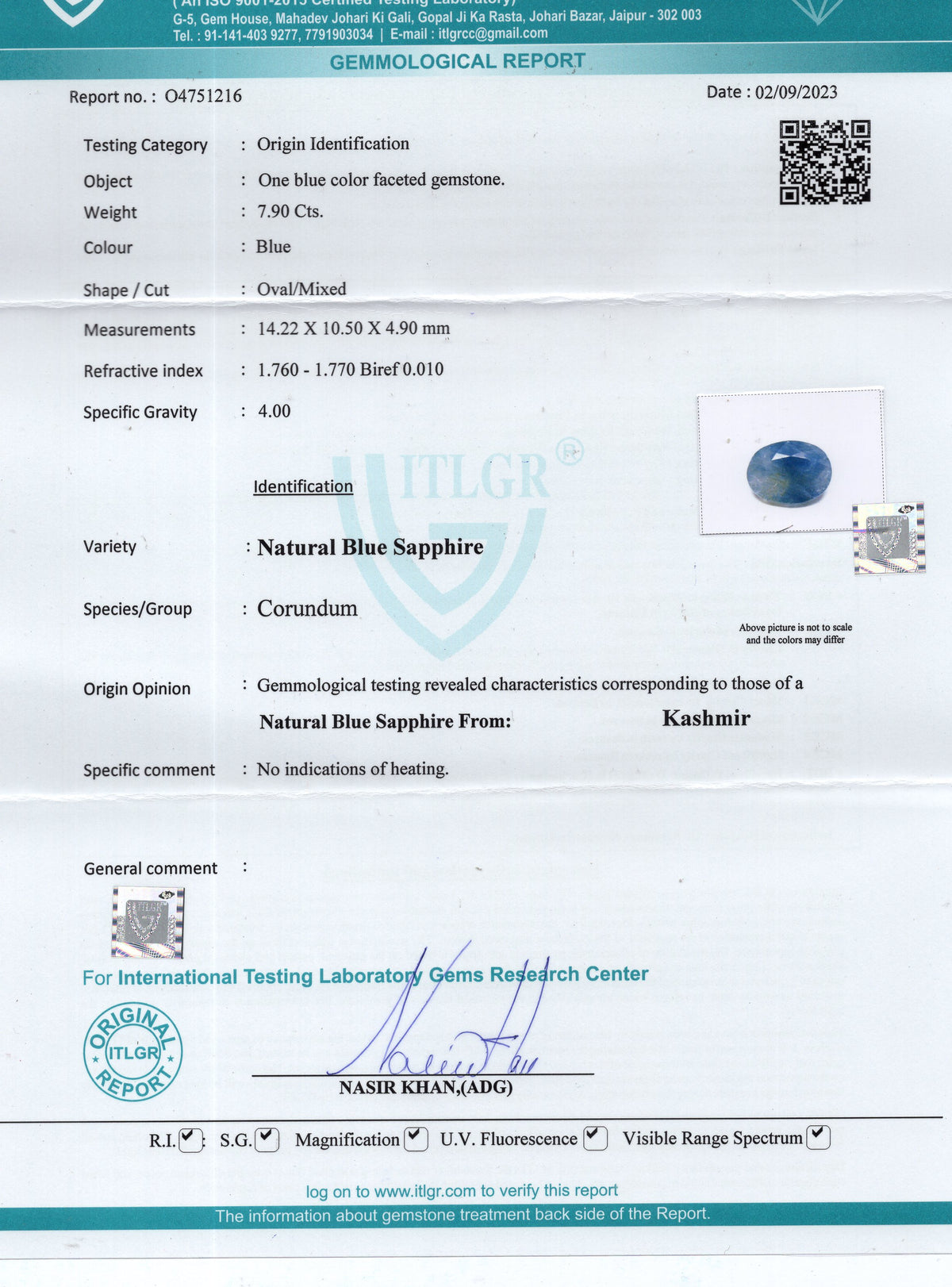 KASHMIR BLUE SAPPHIRE (NEELAM) 7.90 CARATS / 8.68 Ratti