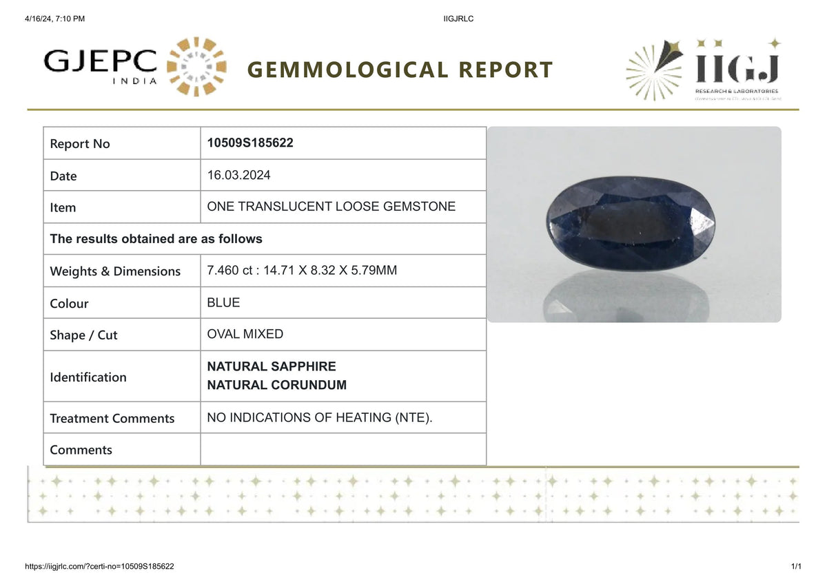 Natural Blue Sapphire 7.46 Carats / 8.2 Ratti