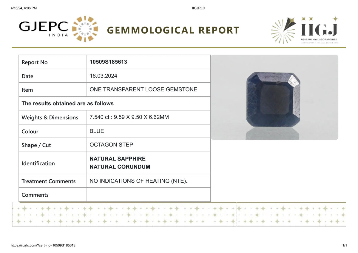 Natural Blue Sapphire 7.54 Carats / 8.29 Ratti