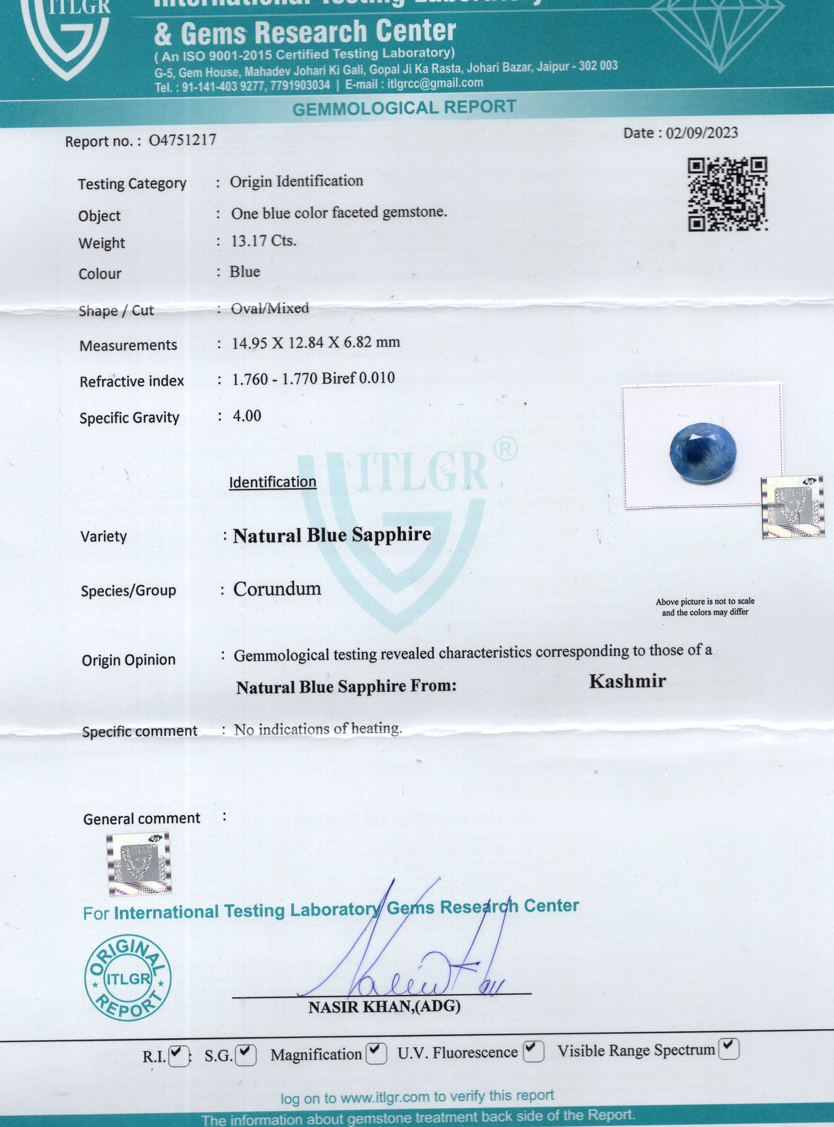 Kashmir Blue Sapphire (Neelam) 13.17 Carats / 14.47 Ratti
